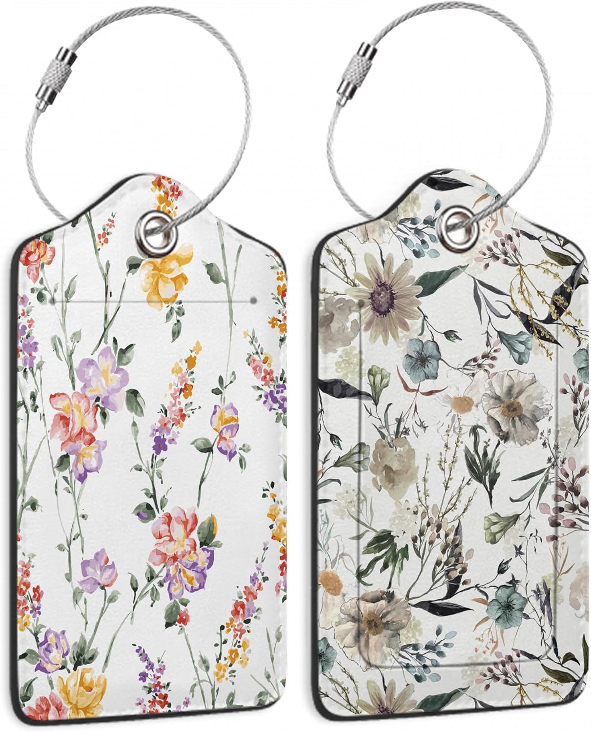 Vintage Floral 2 Pack Luggage Tag for Suitcase, Cute Unique Leather Bag Tags Identifiers Privacy Cover ID Label with Durable Steel Loop for Women Men Kids Girls Travel