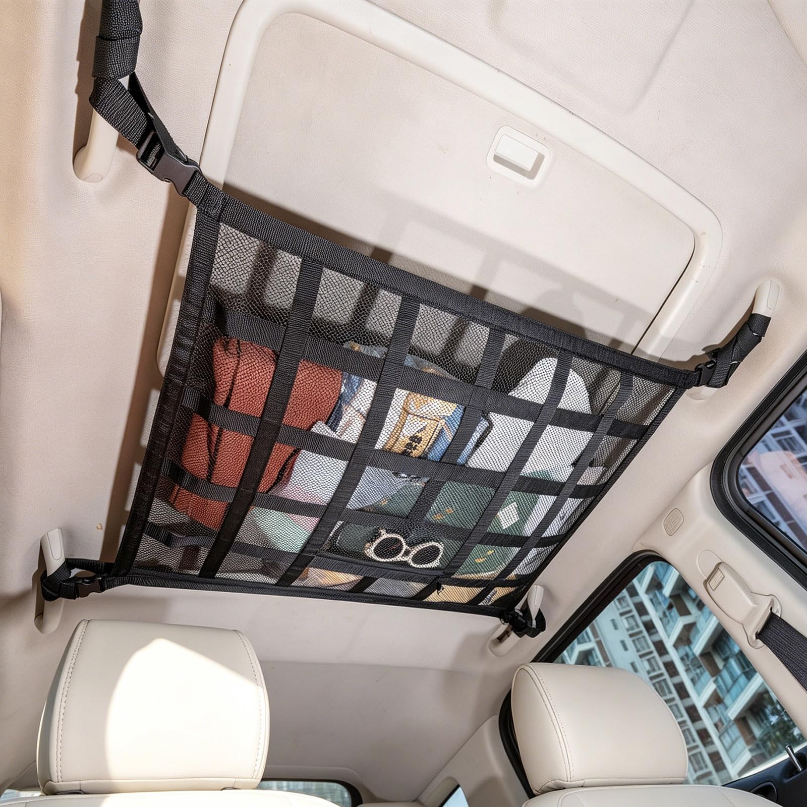 Kaskawise Upgrade Car Ceiling Cargo Net Pocket,31.5"x21.6" Double-Layer Roof Storage