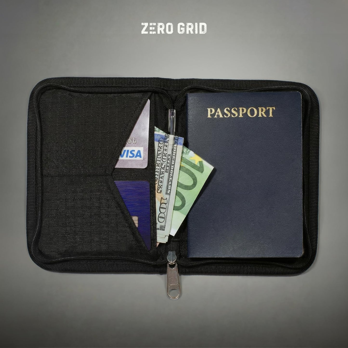 Zero Grid RFID Passport Holder for Passports & Cards, Zippered, Black