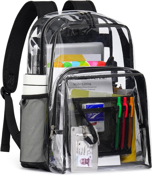 Clear Backpack for School, 17 inch Large Heavy Duty-TPU See Through Bookbag for Boys Girls and Adult, Transparent Backpack With Multi-Pockets for College Work Gym Sport, Black