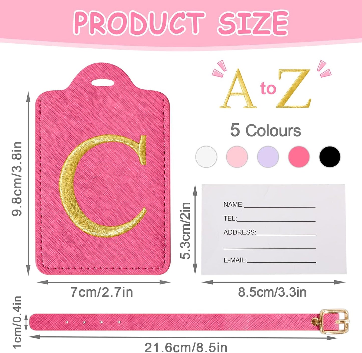 Initial Luggage Tags for Suitcases, Cute Embroidered Letter Luggage Bag Suitcase Identifier Name Baggage Tag, PU Leather Travel Luggage Tags, Bag Tags for Men Women Kids Luggage Handbags(Rosered C)
