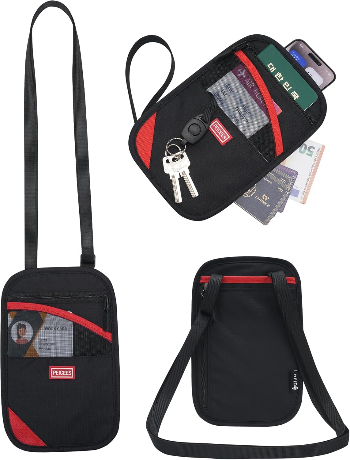 Peicees Neck Wallet, RFID Blocking Passport Holder, Easy to Conceal Travel Pouch, Red