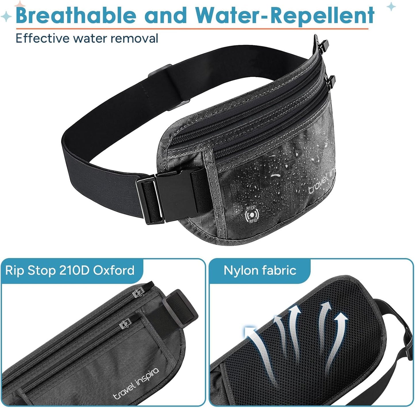 travel inspira Travel Money Belt with Slim Anti-Theft RFID Blocking Passport Holder for Travel Concealed under Clothes for Ultimate Protection of Credit Cards, Cash, Passport & Documents, Black