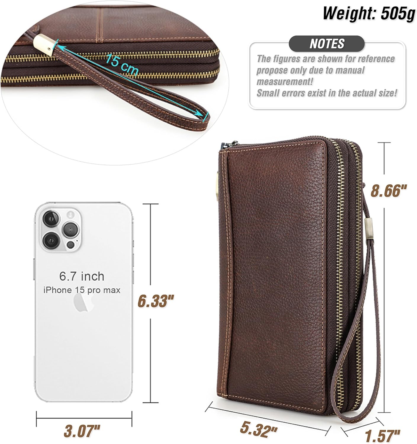 Top Grain Genuine Leather Zipper Clutch Wristlet Wallet for Man & Woman, Handmade, Multi Slots & Pockets & Combination Lock, RFID Large Capacity for Cards/Checks/Passports/Phone/Pen/AirTag, Red Coffee