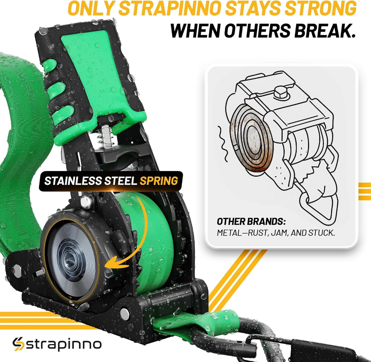 Strapinno Retractable Ratchet Straps 1 in x 10 ft, Secure Tie-Downs with Rubber-Coated Steel Handles, for Motorcycle, Jetski, Kayak, Breaking Strength 1,500LBS/680KG (Green Strap, Black Coated)