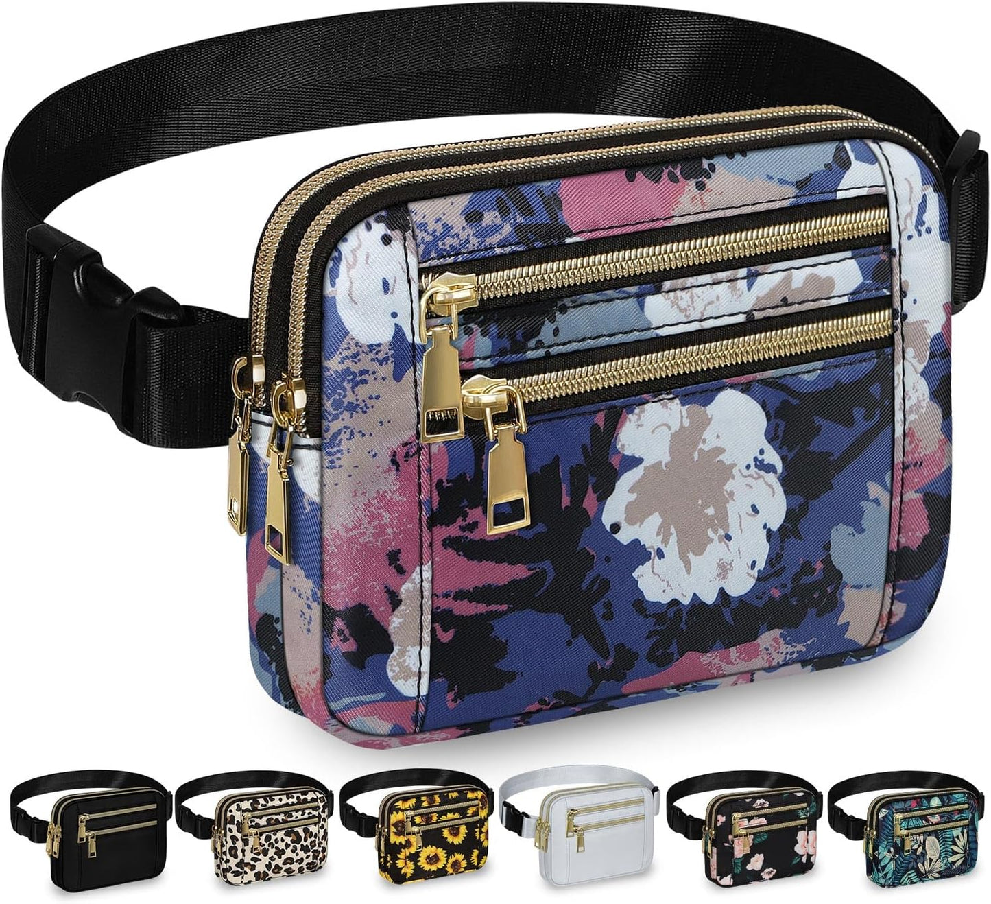 Capolo Fanny Packs for Women Fashion Waist Packs Bag with Adjustable Strap and 4 Zipper Pockets Waterproof Everywhere Crossbody Belt Bag for Workout Running Travelling(Watercolor Print)