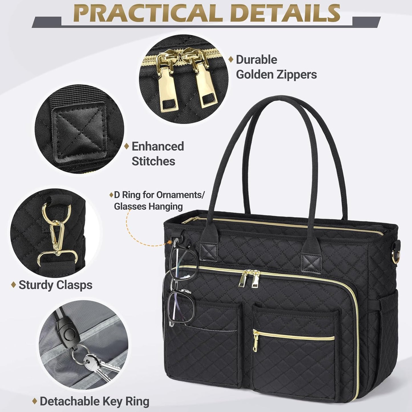 RAINSMORE Teacher Tote Bag 17.3 inch Laptop Bag for Women Work Laptop Tote Nurse Bag Professional Computer Messenger with Insulated Pocket Briefcase for Office, College, Nursing, Black