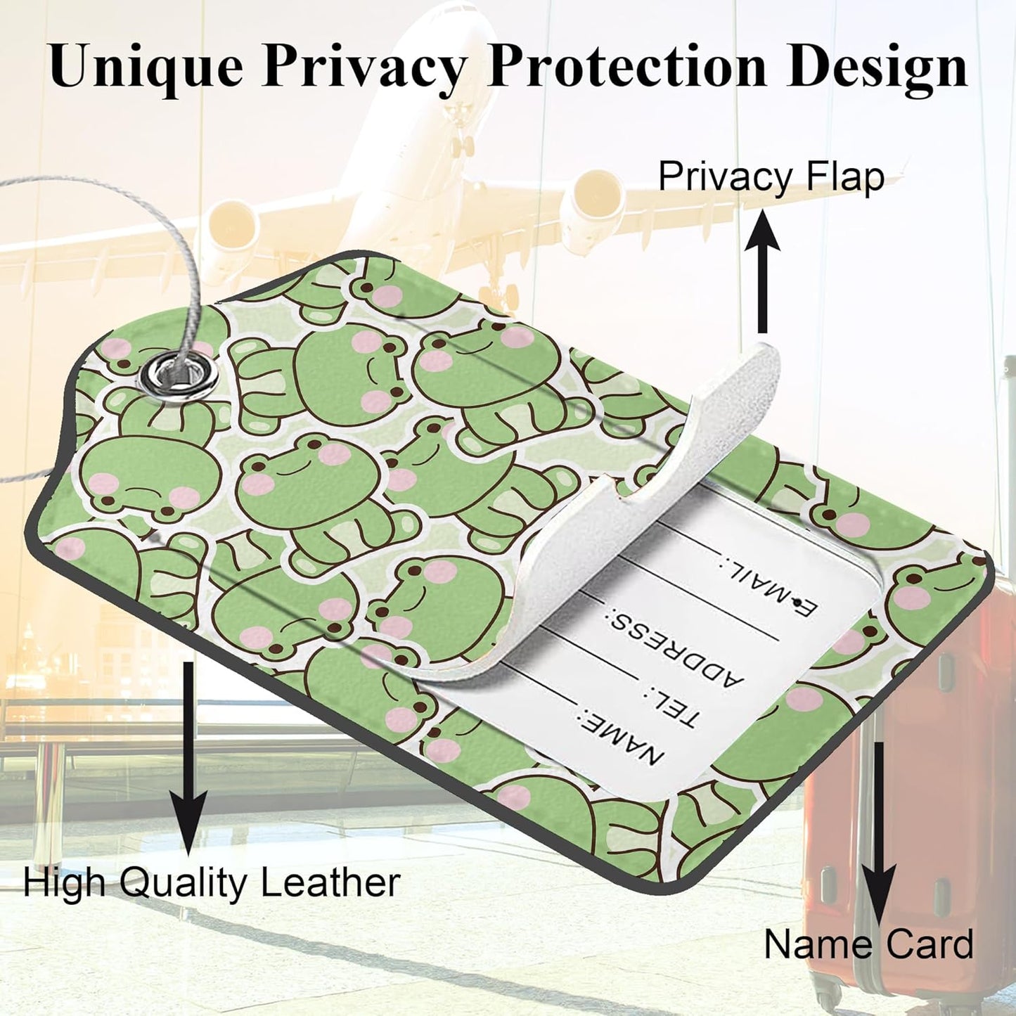 Cute Frog 2 Pack PU Leather Luggage Tags for Suitcase, Kawaii Frog in Sitting Pose Travel Tag with Privacy Flap, Name ID Label and Metal Loop for Women Men Baggage Bag