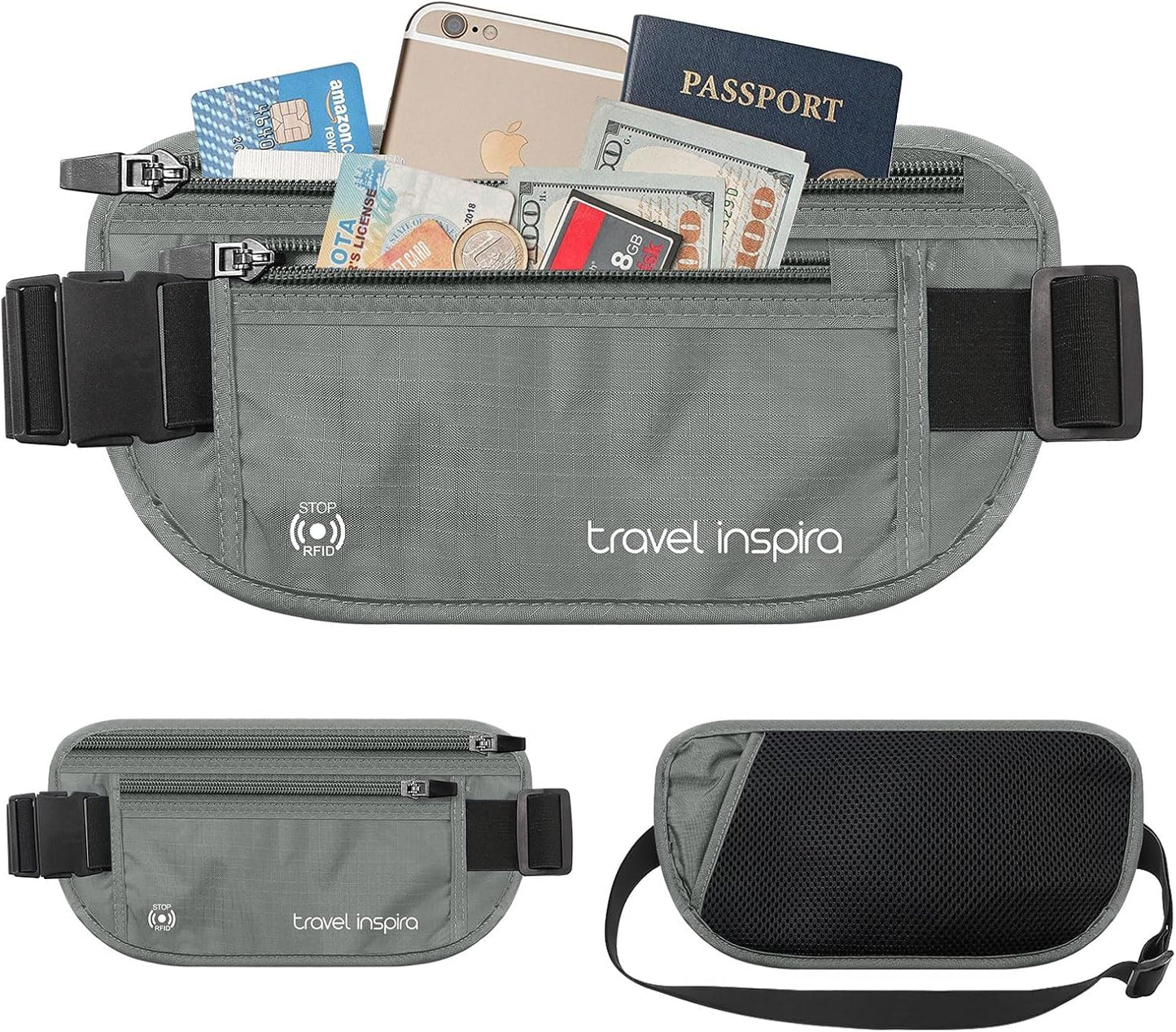 travel inspira Travel Money Belt with Slim Anti-Theft RFID Blocking Passport Holder for Travel Concealed under Clothes for Ultimate Protection of Credit Cards, Cash, Passport & Documents, Grey