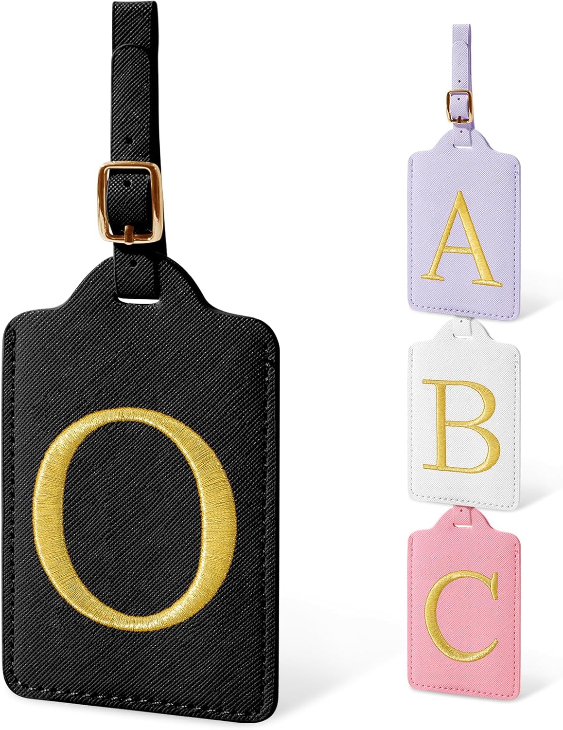 Initial Letter Luggage Tags for Suitcases, Personalized Embroidered Letter Luggage Bag Suitcase Identifier Name Tag, Cute PU Leather Travel Luggage Tags, Bag Tags for Luggage Handbags(Black O)
