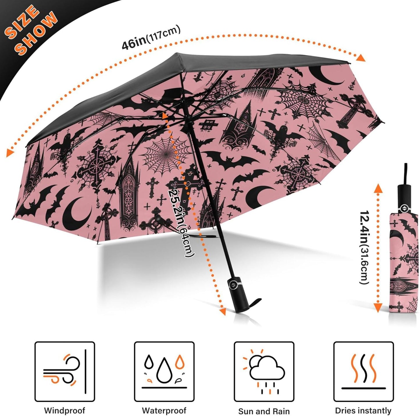 Automatic Folding Umbrella Windproof Strong, UV Protection Compact Black Gothic Moon Spider Webs and Bats Sun Rain Sun Rain Travel Umbrellas for Women Men