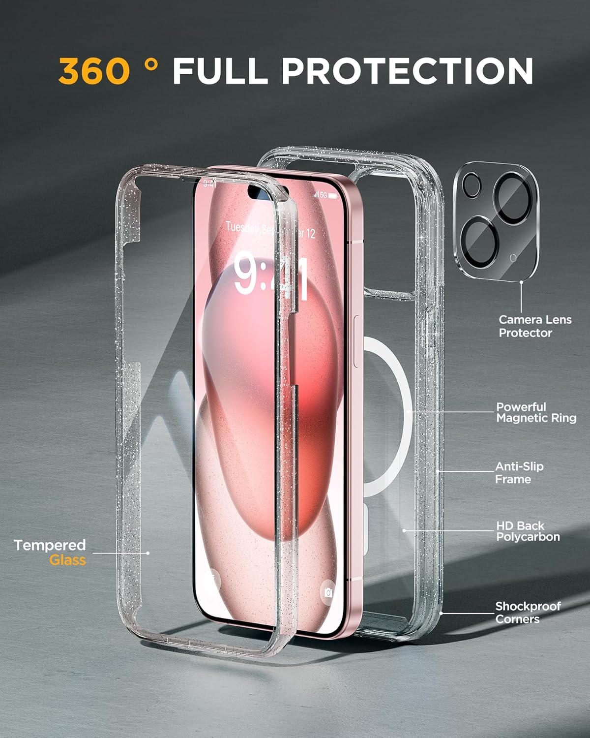 Miracase Glass Series Case for iPhone 15 [Compatible with MagSafe] Full Body Magnetic Case with Built-in 9H Tempered Glass Anti-Fingerprint Screen Protector + Camera Lens Protector, Clear Glitter