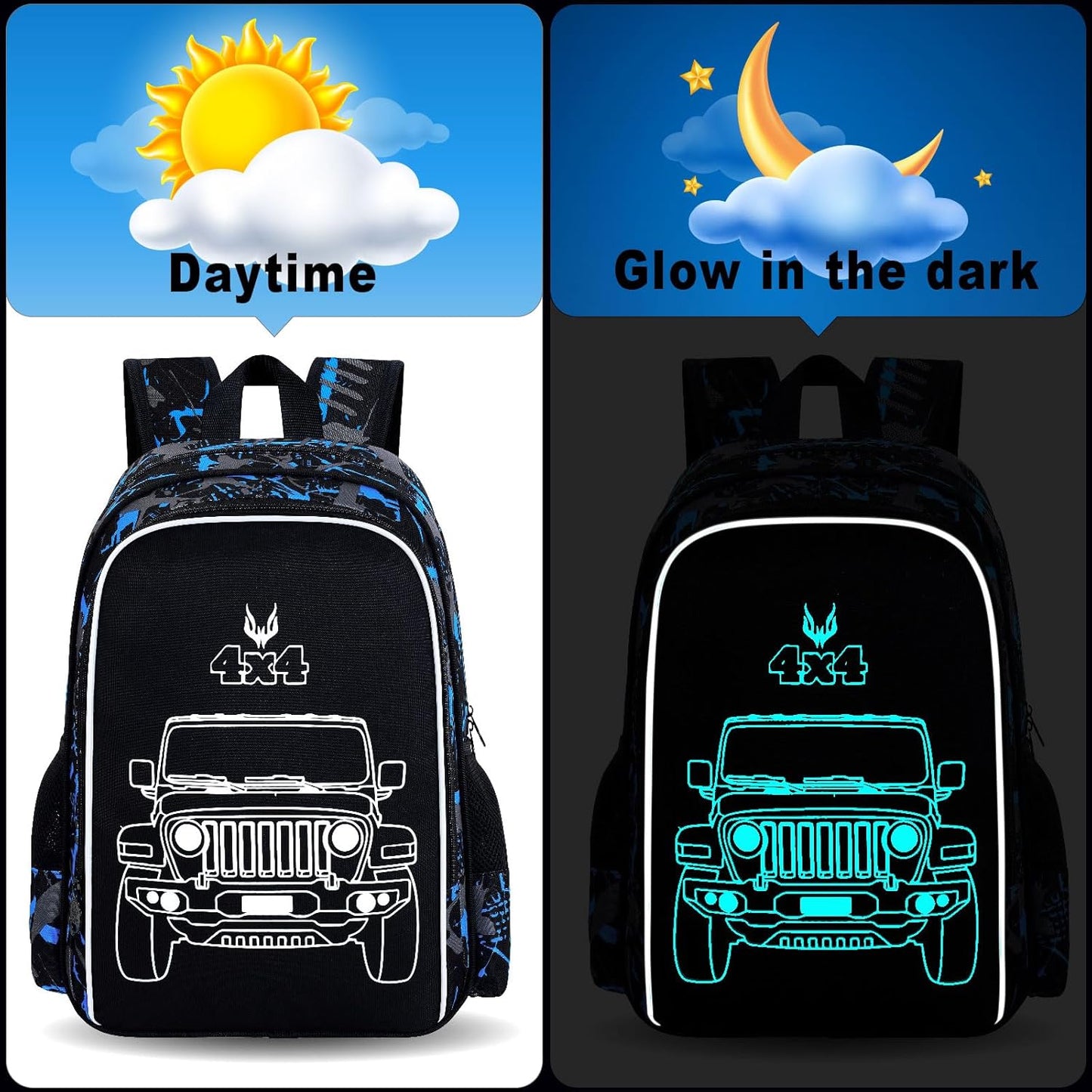 KLFVB 3PCS Truck Backpack for Boys, Luminous School Backpacks with Lunch Box, 17" Water Resistant Kids Camo Bookbag for Middle Elementary Teens to School Travel - Luminous Truck