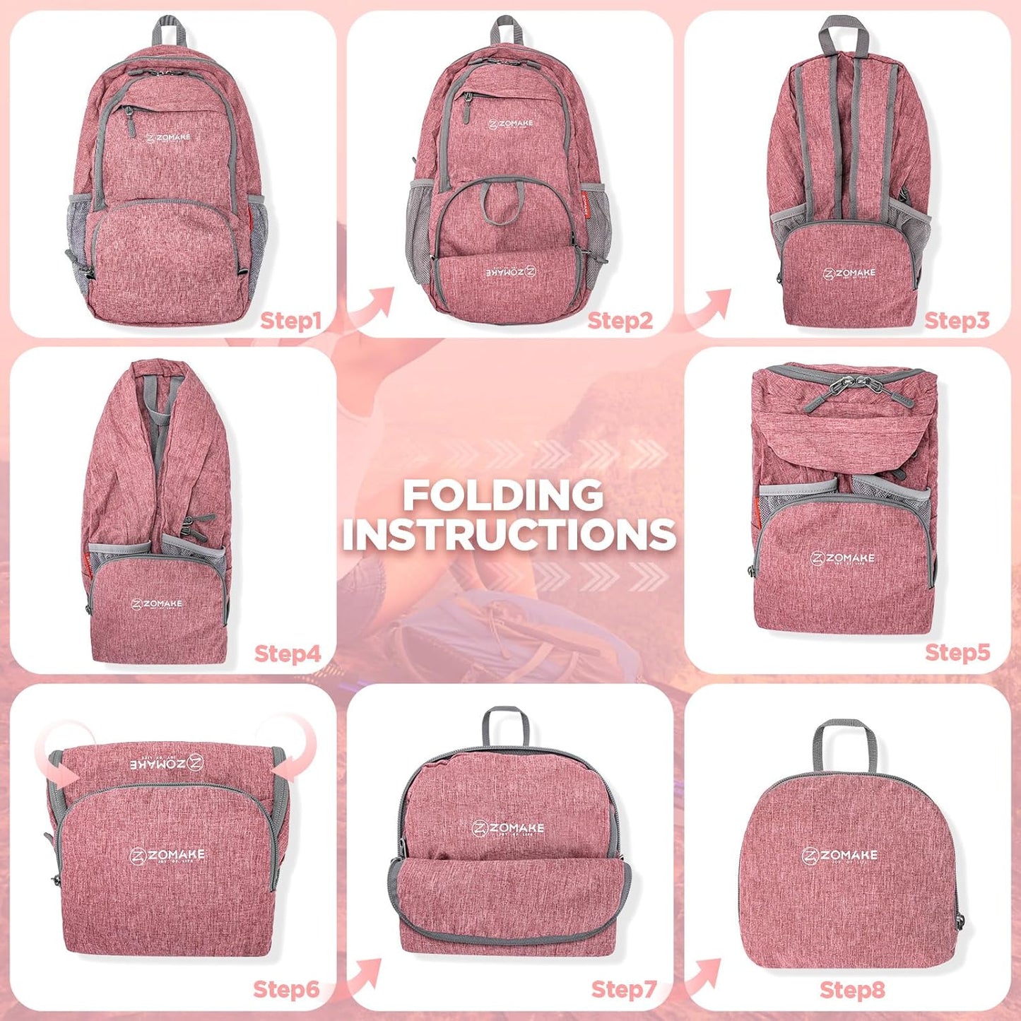 ZOMAKE Ultra Lightweight Packable Backpack 20L,Small Foldable Backpacks Hiking Water Resistant Collapsible Daypack for Women Men(Pink-B2)