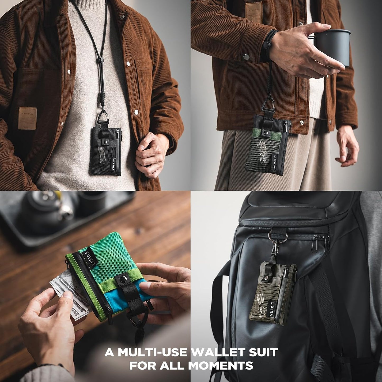 VULKIT Small RFID Wallet for Women & Men – Minimalist Zipper Wallet with ID Window, Keychain & Carabiner, Holds 15 Cards, Water Resistant Travel Lanyard Wallet Green Blue