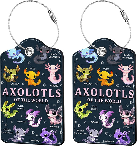 2 Pcs Axolotl Luggage Tags for Suitcase, Leather Luggage Tags Cute, Privacy Cover ID Label with Stainless Steel Loop & Address Card, Axolotl Travel Bag Tag Luggage Accessories for Suitcases