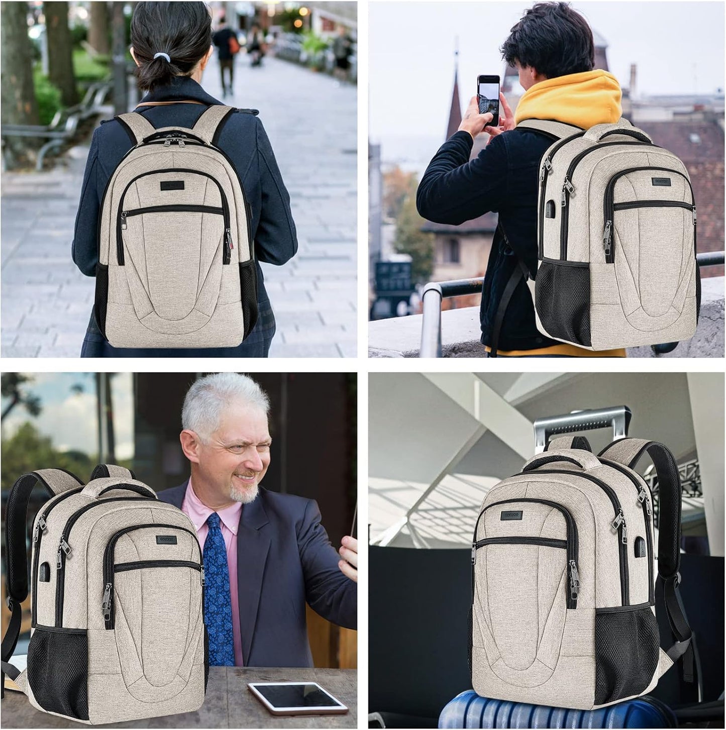 BIKROD Backpack for Women and Men, Extra Large School Backpacks for Teens, Water Resistant Back Pack with USB Charging Port Fits 17 Inch Laptop, Business Anti Theft Sturdy Computer Bag Gifts, Beige