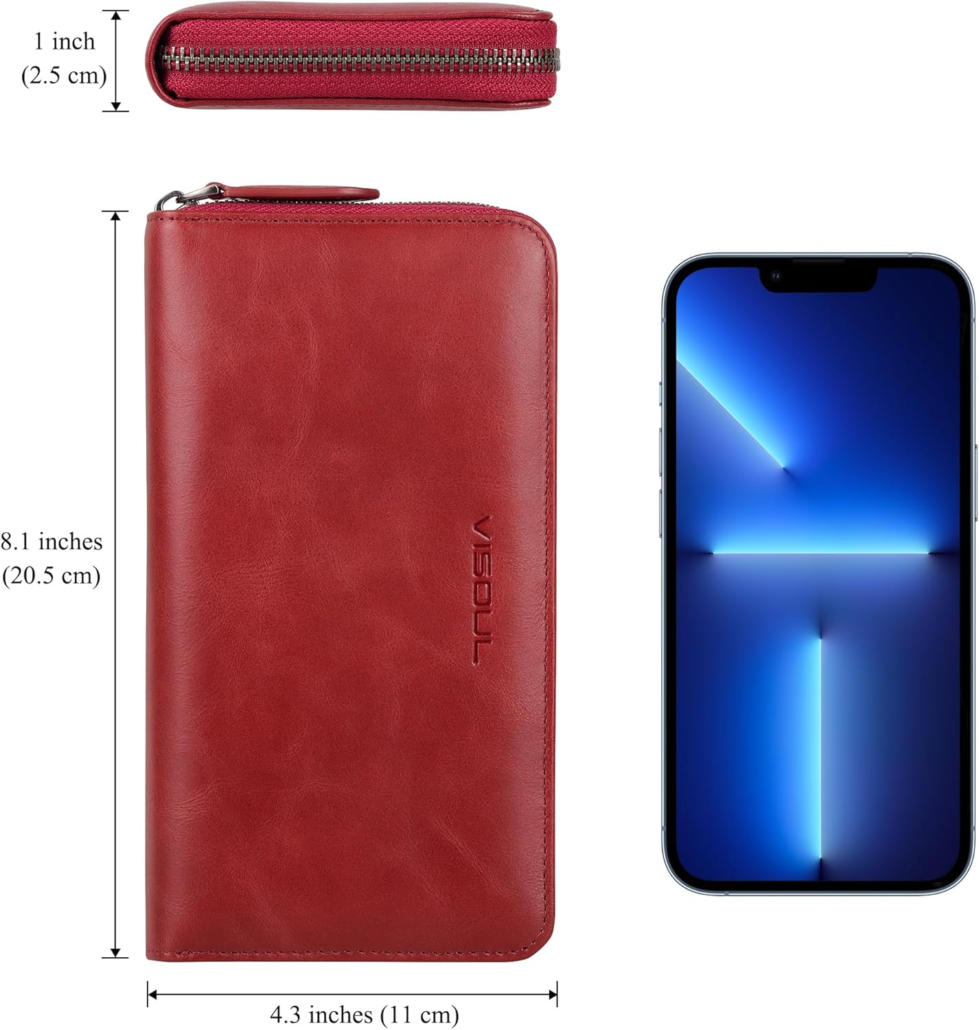 VISOUL Leather Long Zipper Pouch Wallet for Men and Women with RFID Blocking, Large Clutch Cash Long Wallet with Zipper (Burgundy)