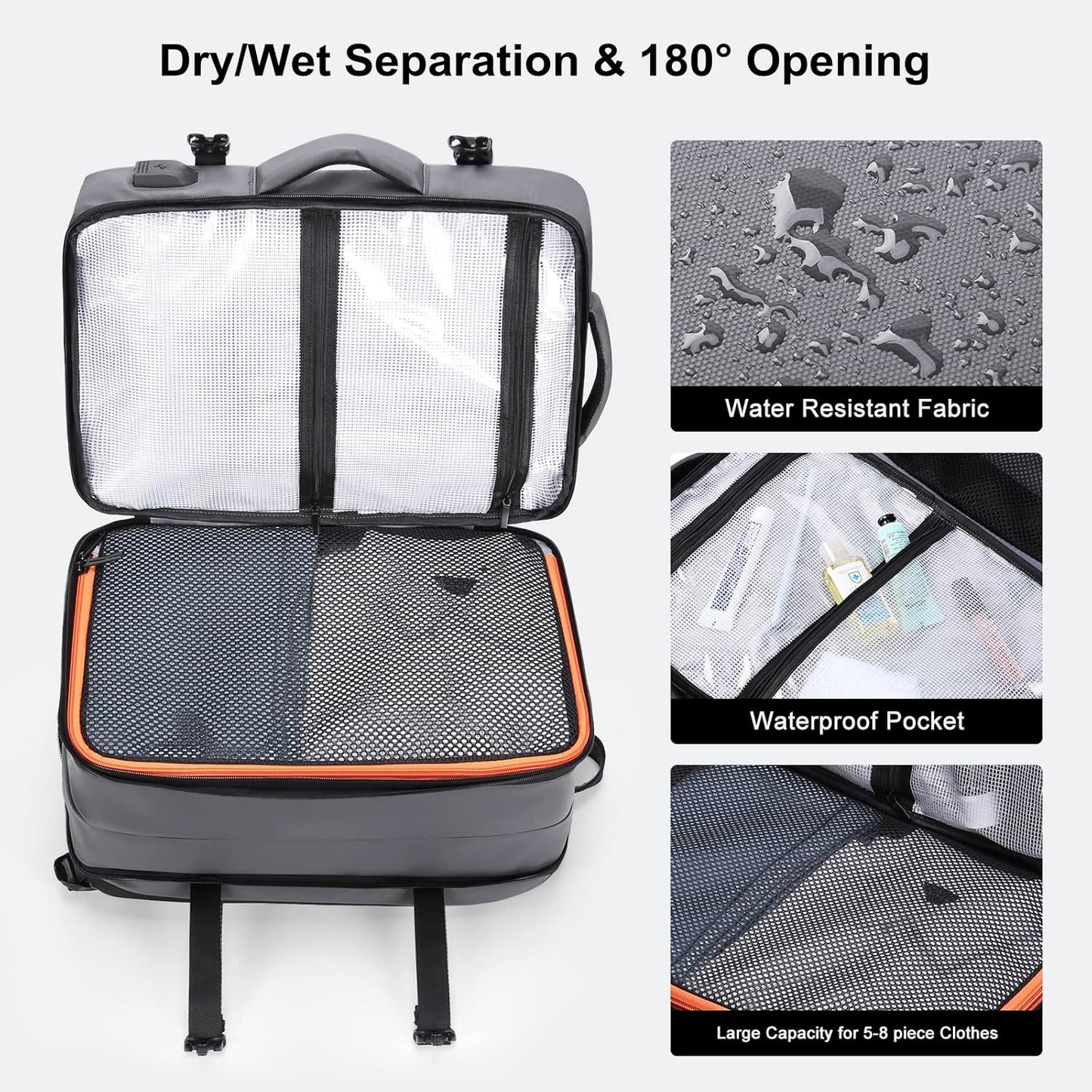 HOMIEE Carry on Backpack Extra Large Travel Bag, Expandable Hand Luggage Suitcase Anti-Theft Business Backpack, Water Resistant Lightweight Weekender Bag, Grey