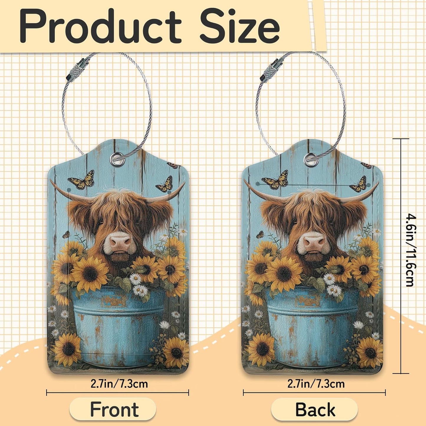 Highland Cow Luggage Tags for Suitcase,3 Pack Cow Sunflower Luggage Tag Leather Privacy Cover ID Label with Stainless Steel Loop for Women Men