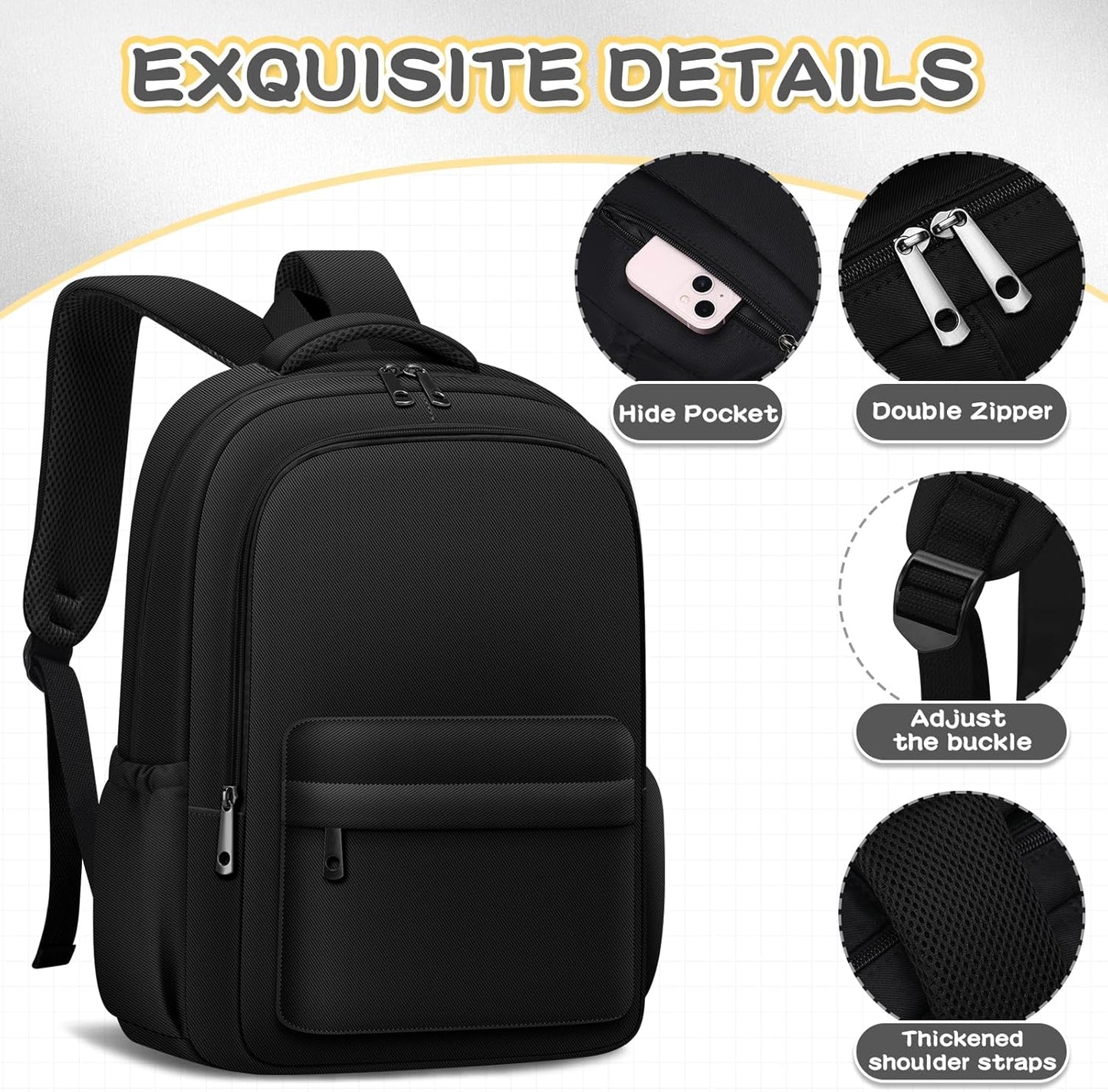 Aesthetic Cute Backpack for School Kids Bookbags Student Black Backpacks for Teen Girls Preppy Casual Middle School Bag