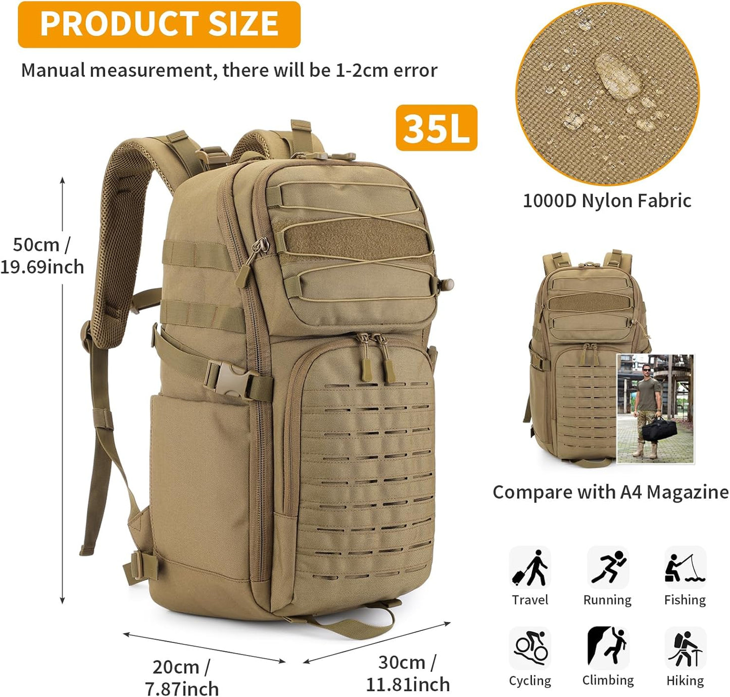 HUNTVP Tactical Backpack for Men 35L Military Backpack MOLLE 1000D Army Daypack 3 Day Bug Out Bag for Work Camping Hiking Outdoor, Brown