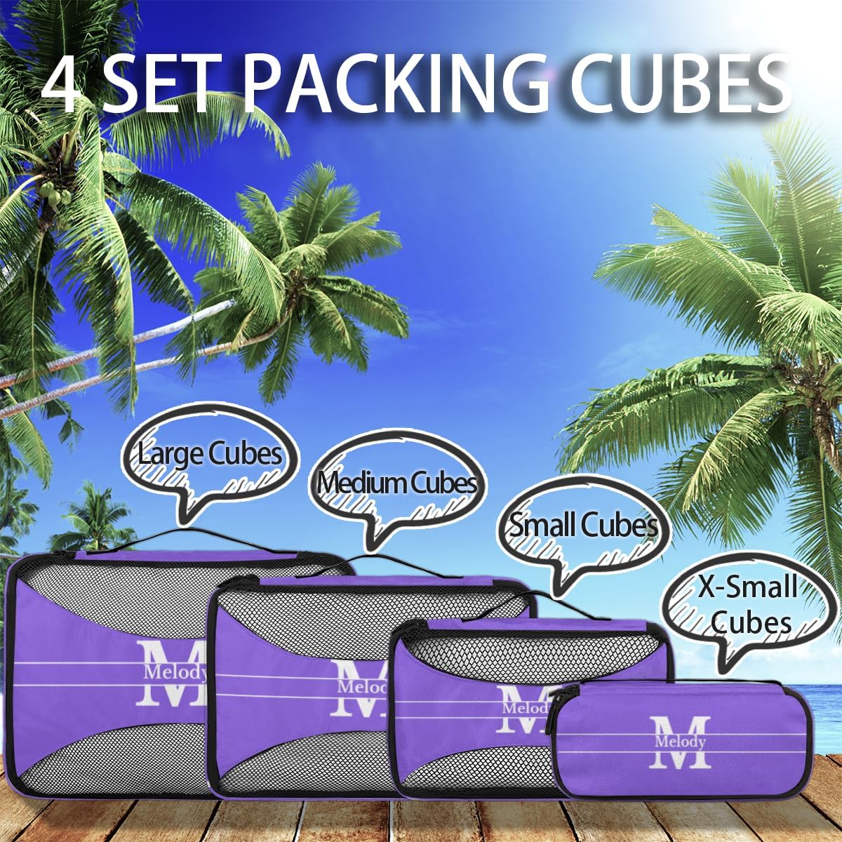 Custom Packing Cubes with Name, 4Pcs/Set Travel Luggage Packing Organizers Set for Women, MediumPurple with Initial Letter