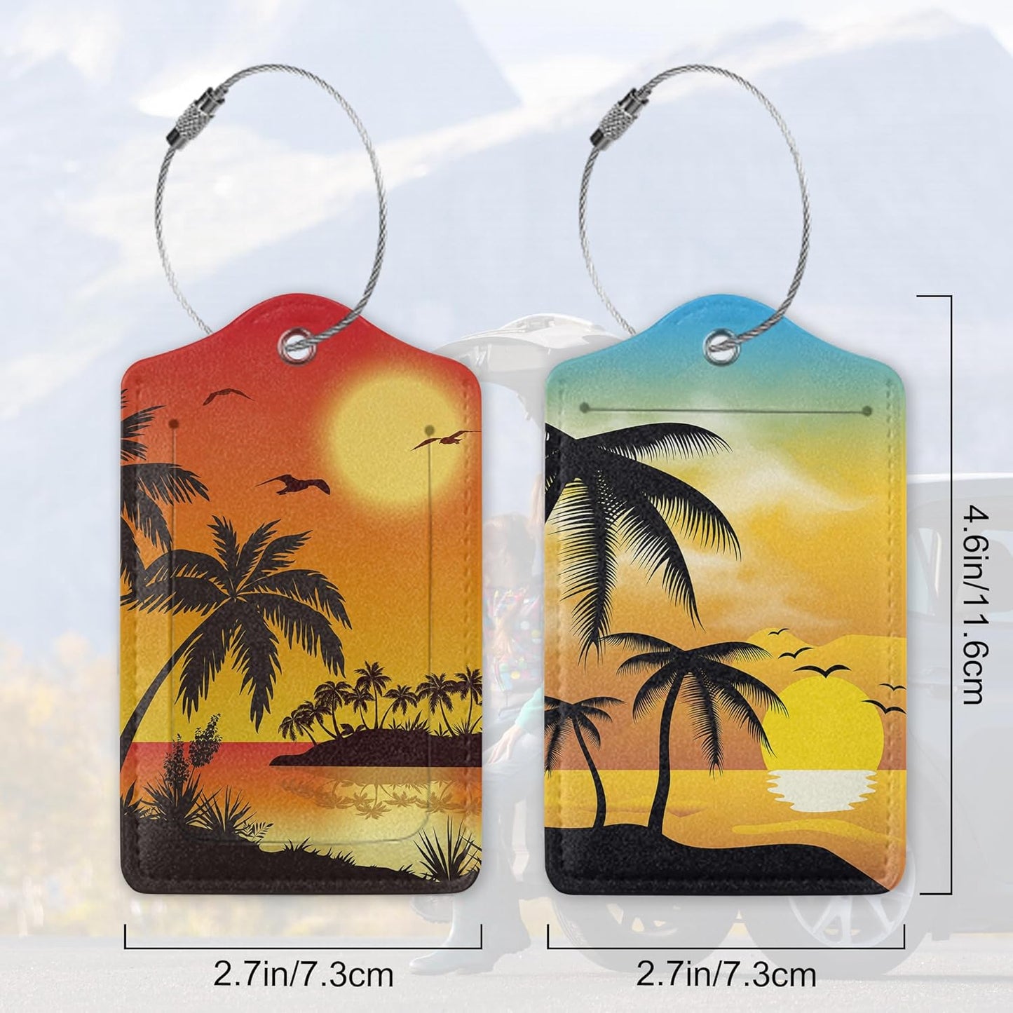 Sunset Seascape with Palm Trees 2 Pack Luggage Tag for Suitcase, Cute Unique Leather Bag Tags Identifiers Privacy Cover ID Label with Durable Steel Loop for Women Men Kids Girls Travel