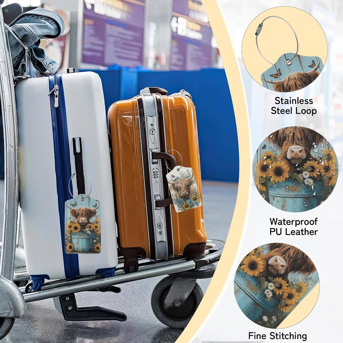 Highland Cow Luggage Tags for Suitcase,3 Pack Cow Sunflower Luggage Tag Leather Privacy Cover ID Label with Stainless Steel Loop for Women Men