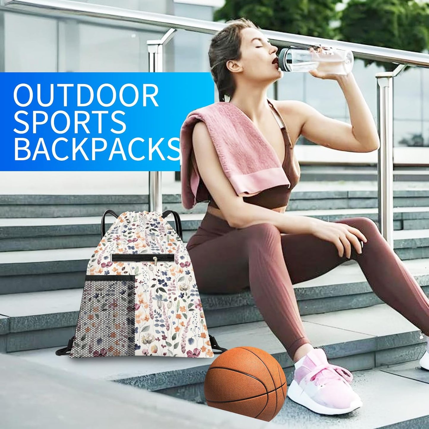 Drawstring Backpack Sports Gym Bag, Large String Swim Bag for Beach With Water Bottle Mesh Pocket, Cute Gym Sack with Zipper Pocket for Men Women Boho Flowers