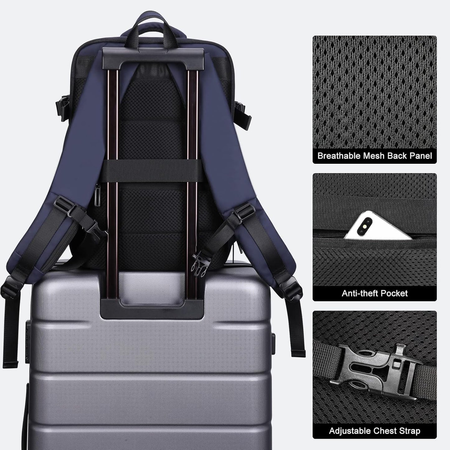HOMIEE Carry on Backpack Extra Large Travel Bag, Expandable Hand Luggage Suitcase Anti-Theft Business Backpack, Water Resistant Lightweight Weekender Bag, Blue