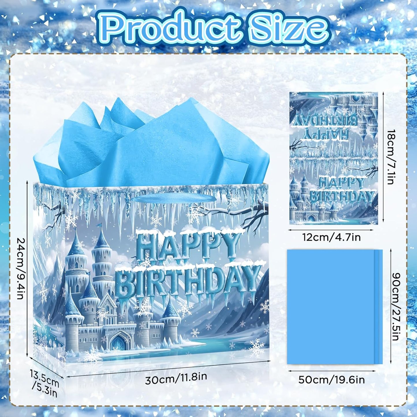 Frozen Birthday Gift Bag with Greeting Card and Tissue Paper Large Snow Frost Castle Party Favor Bags Frozen Birthday Wrapping Paper Bags Treat Candy Bags with Handle for Bday Christmas Winter Gift