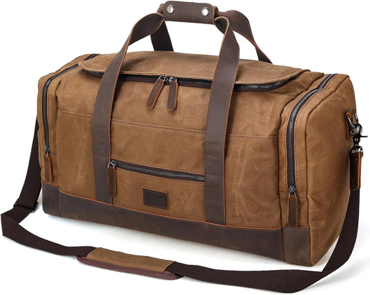 Polare 23" Waxed Canvas Cowhide Leather Travel Duffle Bag 42L Duffel Bag Waterproof Overnight Carry on Luggage Sport Weekender Bag For Men (Brown-23")