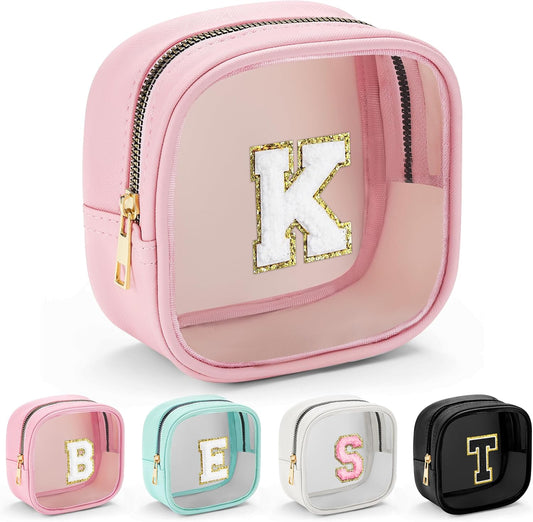 YOOLIFE Mini Initial Makeup Bag | Clear Makeup Bag | Preppy Cosmetic Bags Travel Essentials Gifts for Women Teen Girlfriend Teacher Birthday Clear Toiletry Bag Small Cosmetic Bag for Purse Pink K