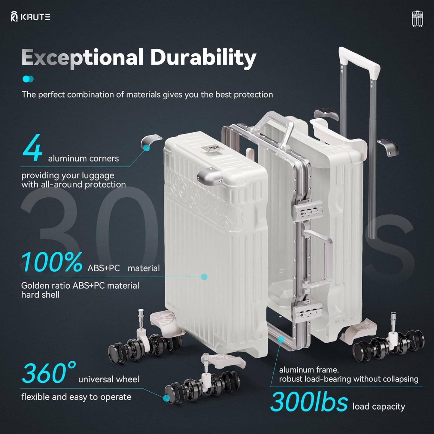 Krute Aluminum Frame Luggage 28inch Suitcase with Spinner Wheels No Zipper Checked Luggages Zipperless Hardside PC+ABS Suitcase with TSA Lock