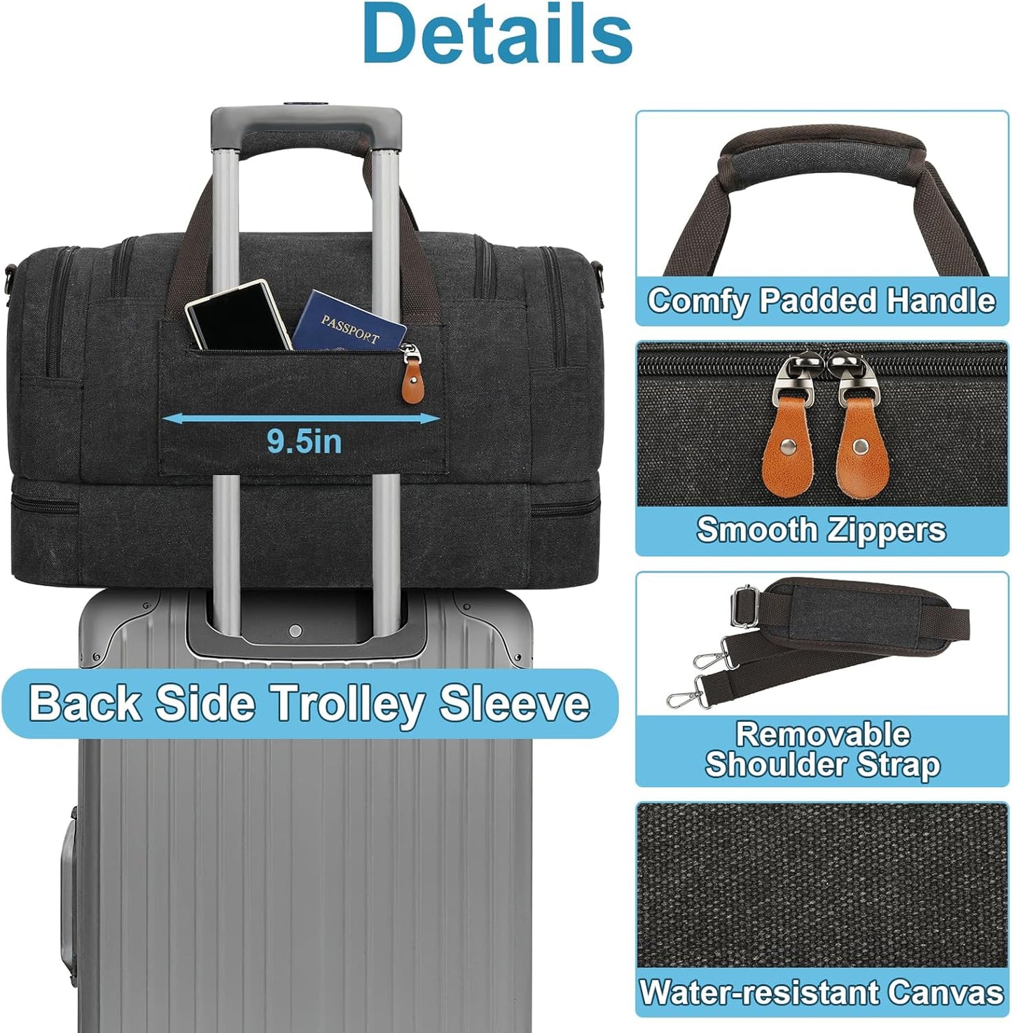 Canvas Travel Duffel Bag for Men - 21 Inch Expandable 47L Weekender Bags with Trolley Sleeve & Toiletry Bag, Overnight Carry On Luggage with Removable Shoulder Strap, Durable & Water-Resistant
