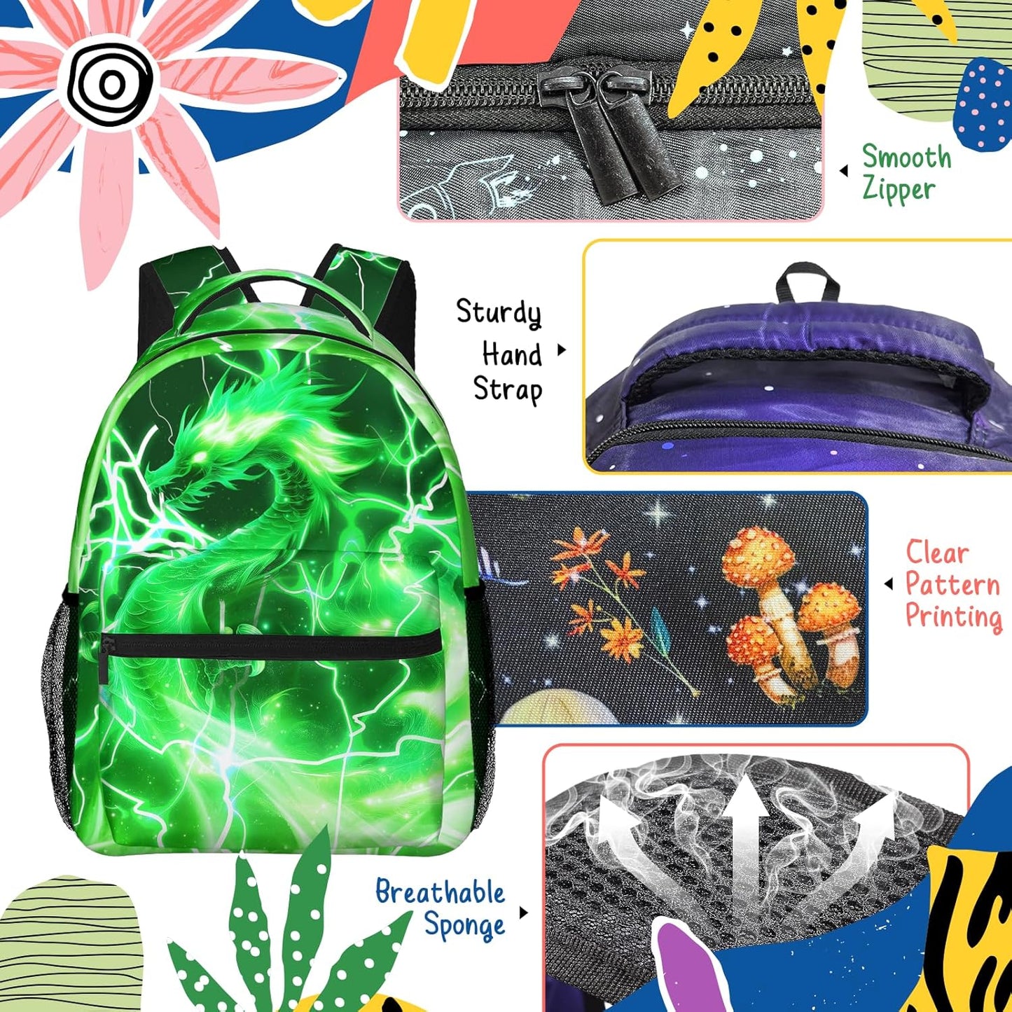 Green Dragon Kids Backpack For Boys Girls Elementary Schoolbag Kindergarten Bookbags Preschool School Bag Toddler Book Bags Travel Bag Hiking Camping Rucksack Daypack Students Back To School Gifts