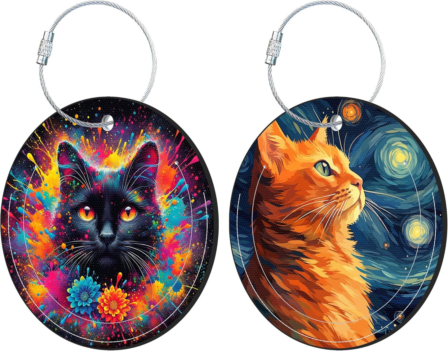 Round Cute Luggage Tags 2 Pack Cat and Sky Creative Baggage Tags,Cruise Travel Baggage Suitcases Tag with Stainless Steel Loop ID Tag Privacy Flap