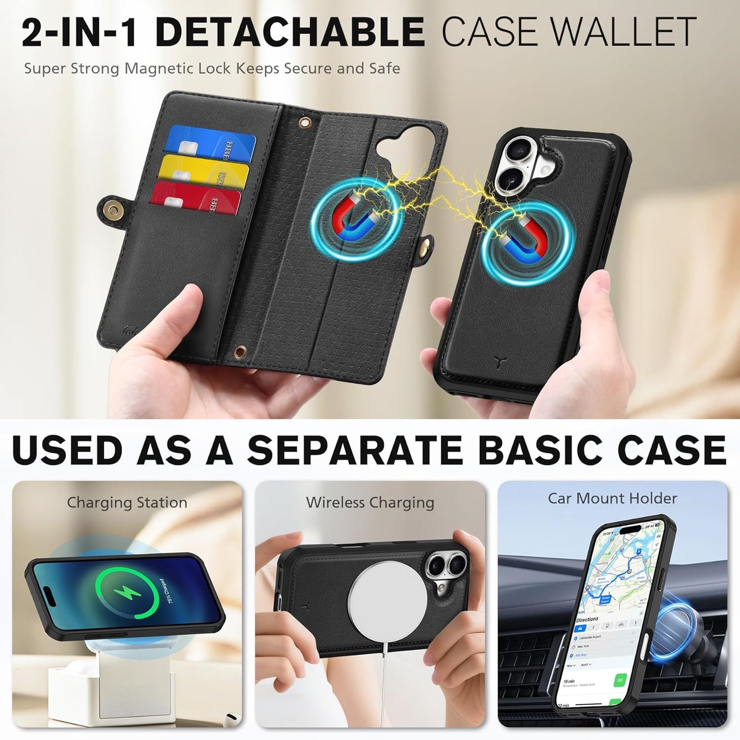 TUCCH Crossbody Detachable Wallet Case for iPhone 17 (6.3") 2025, 9 Card Slots RFID Blocking | Wireless Charging | Wrist Strap | Lanyard | Stand | Zipper Pocket | PU Leather Shockproof Cover | Black