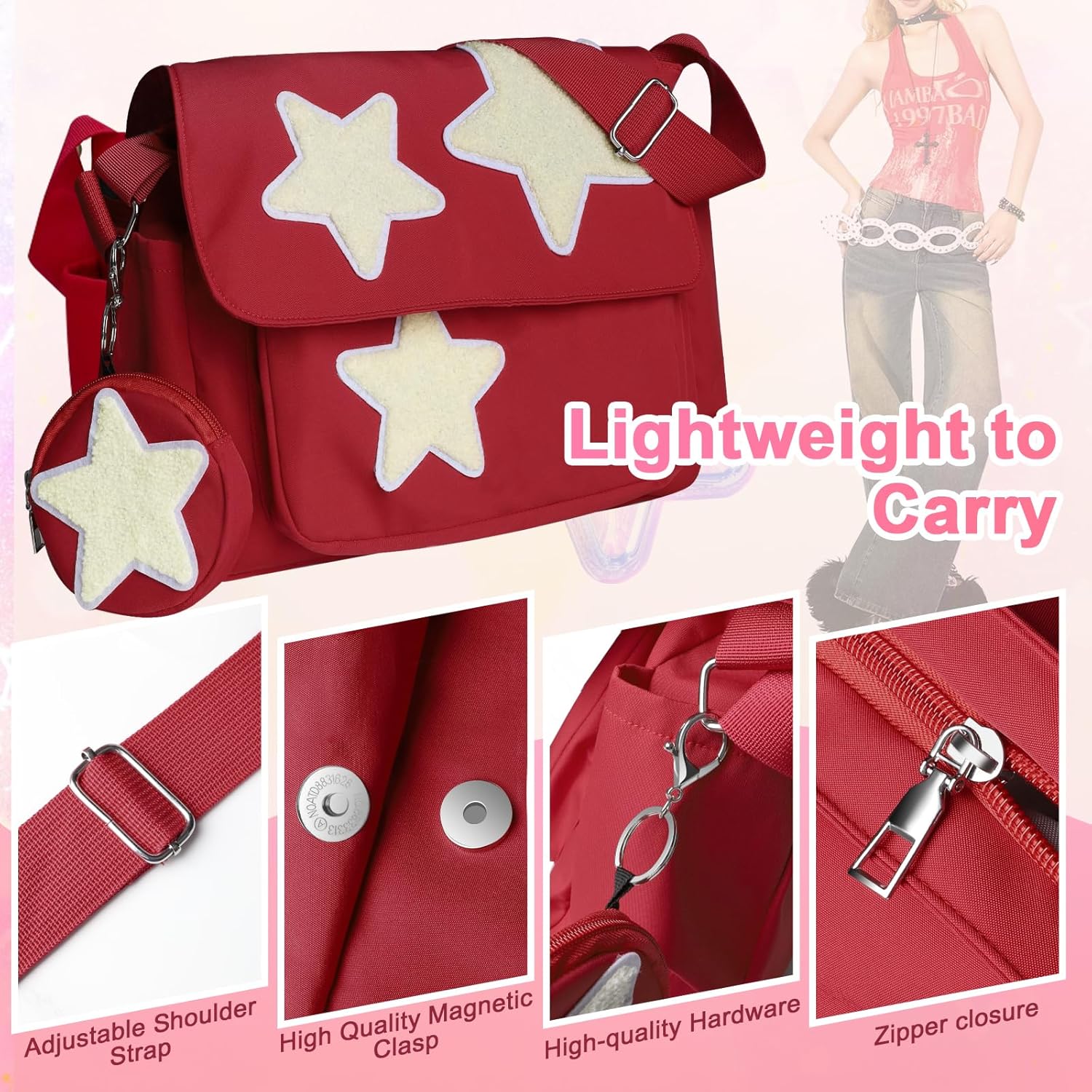 Y2K Messenger Bag for Women, Lightweight Spacious Stars Tote Purse with Cute Coin Purse, Crossbody