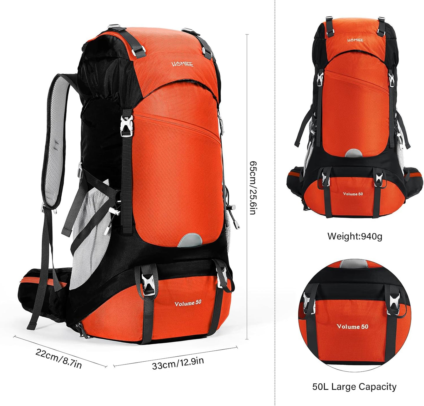 HOMIEE 50L Hiking Backpack Travel Bag Waterproof Camping Rucksack with Rain Cover Lightweight Backpacking Backpack