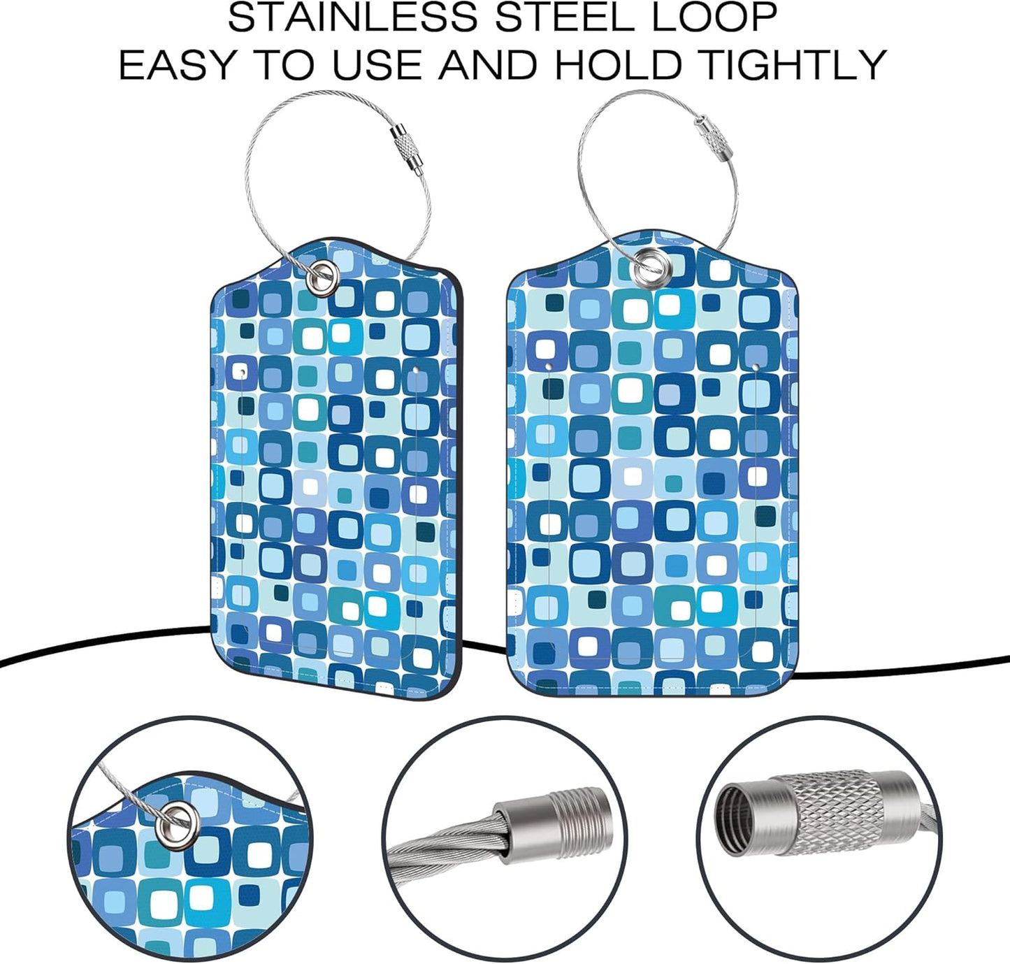 2 Pack Luggage Tags,Retro Blue Square PU Leather Idea Baggage Tag with ID Labels Privacy Cover Metal Ring Men and Women Travel Bag Labels