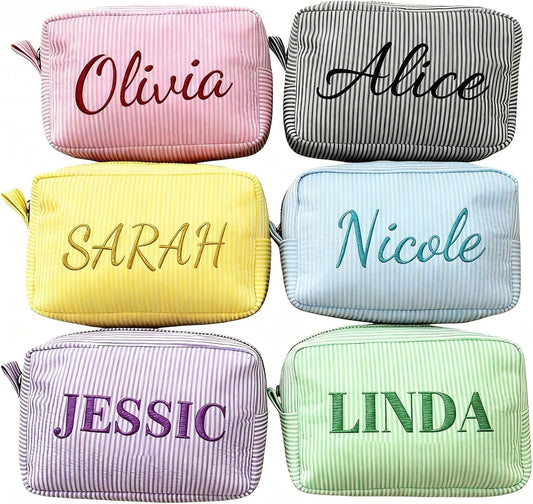 Personalized Makeup Bag with Embroidered Name,Custom Travel Toiletry Stripe Cosmetic Bag, Wedding Gift for Bridesmaid/Women/Girl