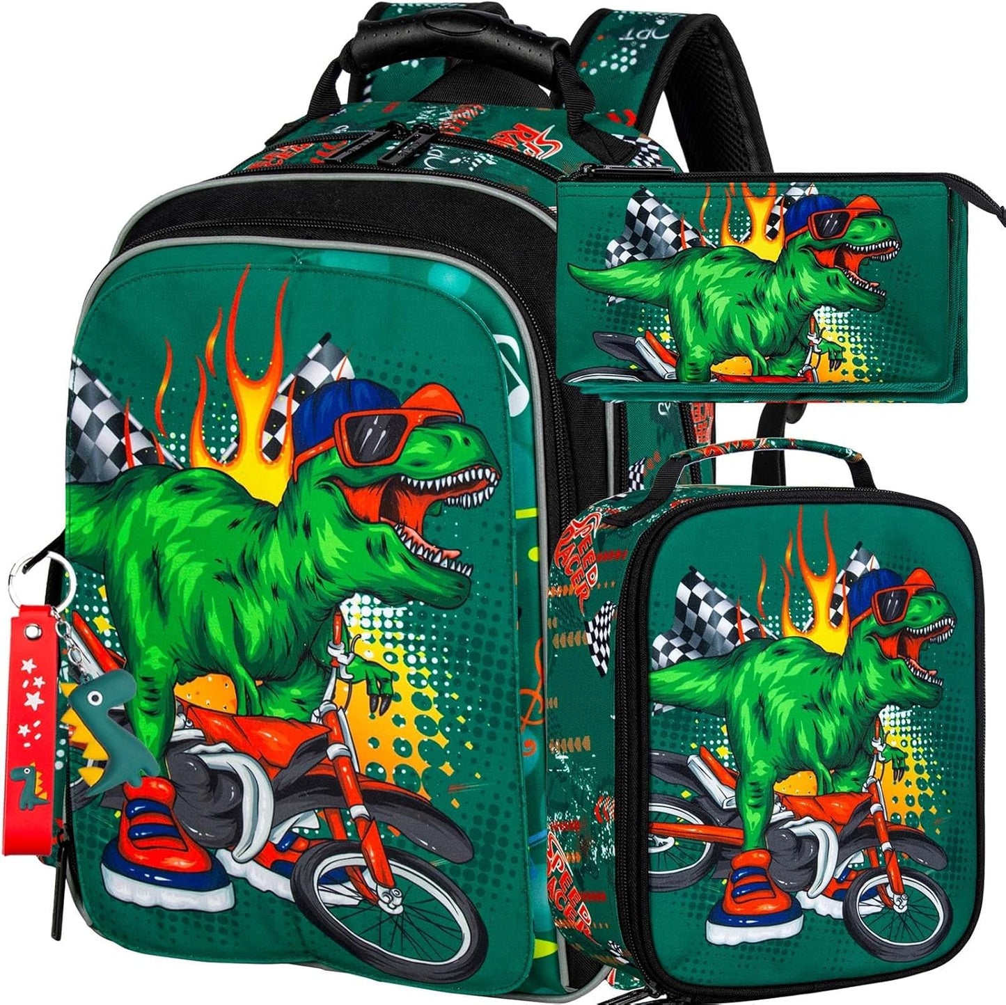 KLFVB 3PCS Cat Uni Dinosaur Backpack for Girls and Boys, 16" Kids Bookbag and Lunch Box, Preschool Backpacks for Elementary