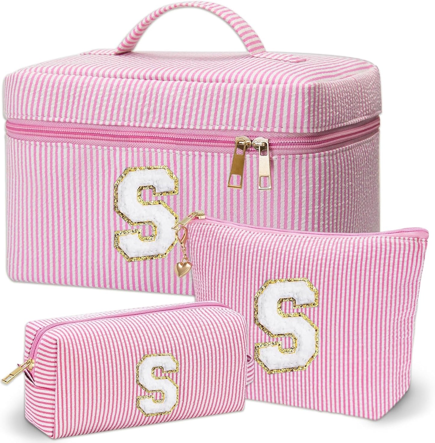 Personalized Monogram Makeup Bag, 3PCS Custom Monogrammed Toiletry Cosmetic Bag for 6-18 Teen Girls Women,Birthday Graduation Gifts Initial Pouch Makeup Bags for Women Girls, Make Up Bag (S, Pink)