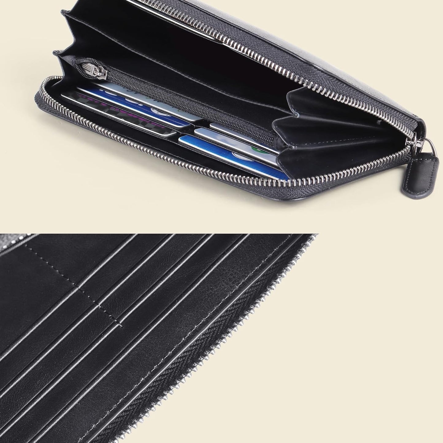 VISOUL Leather Long Zipper Pouch Wallet for Men and Women with RFID Blocking, Large Clutch Cash Long Wallet with Zipper (Black)