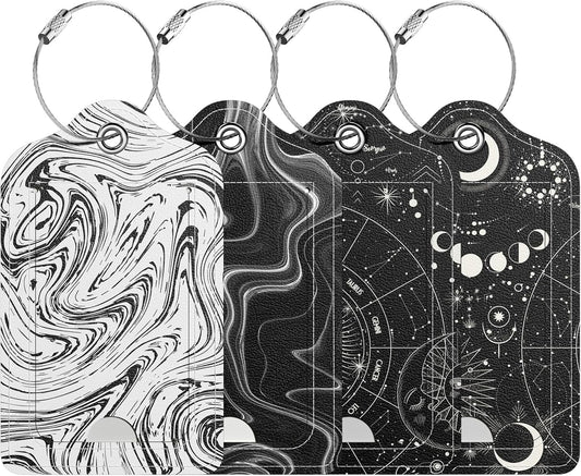 4 Pack PU Leather Luggage Tags for Suitcase, Travel Cruise Luggage Tag with Privacy Flap, Name ID Label and Metal Loop for Women Men Baggage Handbag School Bag Backpack, Ink Flower