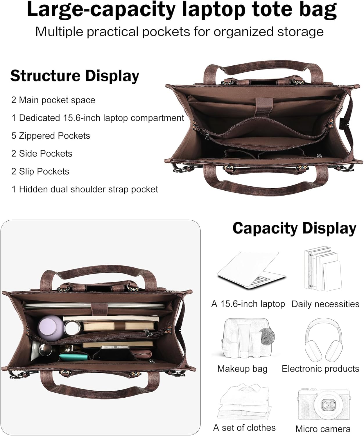 FADEON Laptop Bag for Women Designer PU Leather Large Tote Bags Backpack Purses with 15.6 Laptop Compartment Shoulder Handbag