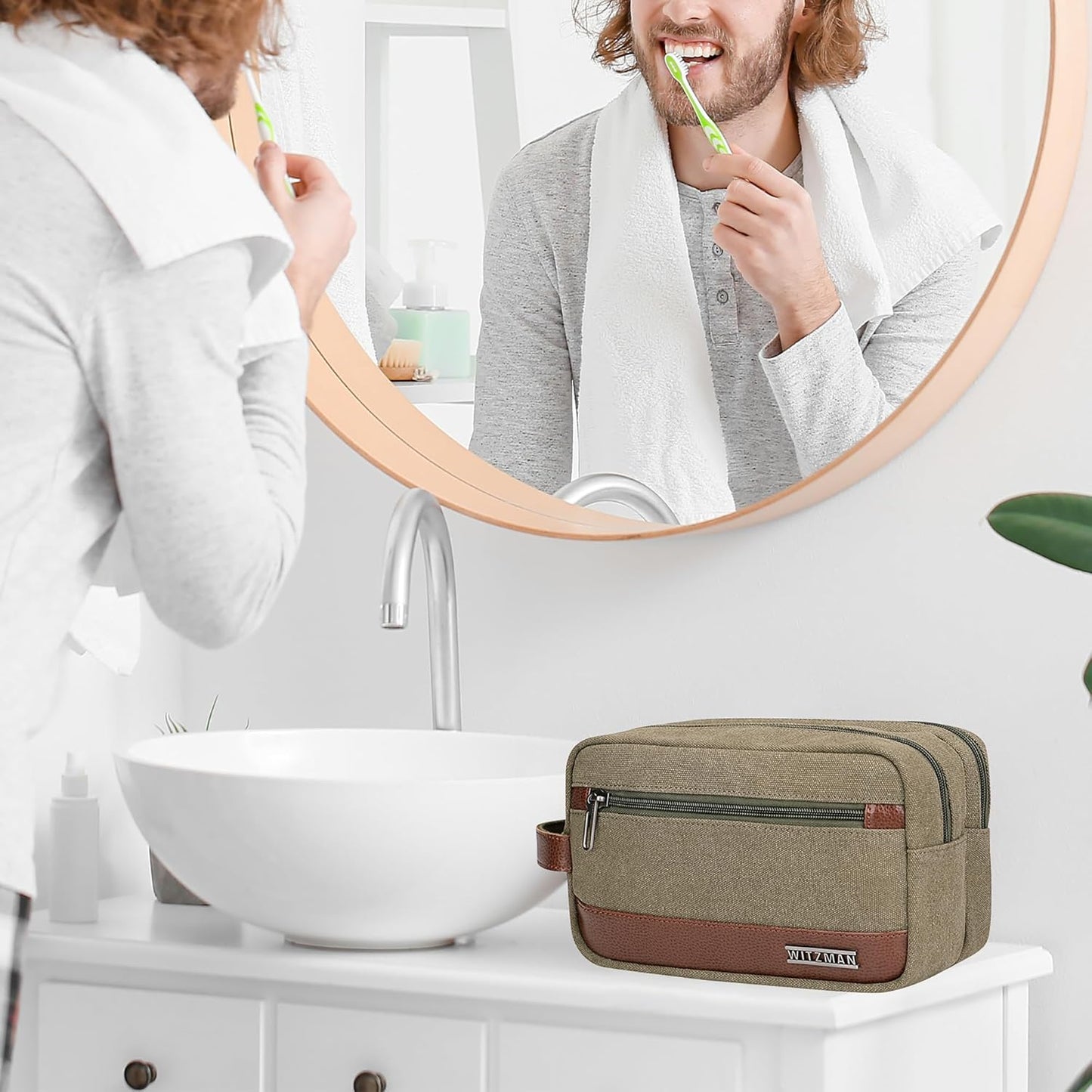 WITZMAN Canvas Toiletry Bag for Men Hanging Dopp Kit Organizer Water-resistant Travel Toiletries bag Men Bathroom Bag with Wet Pocket(A8001 Army Green)