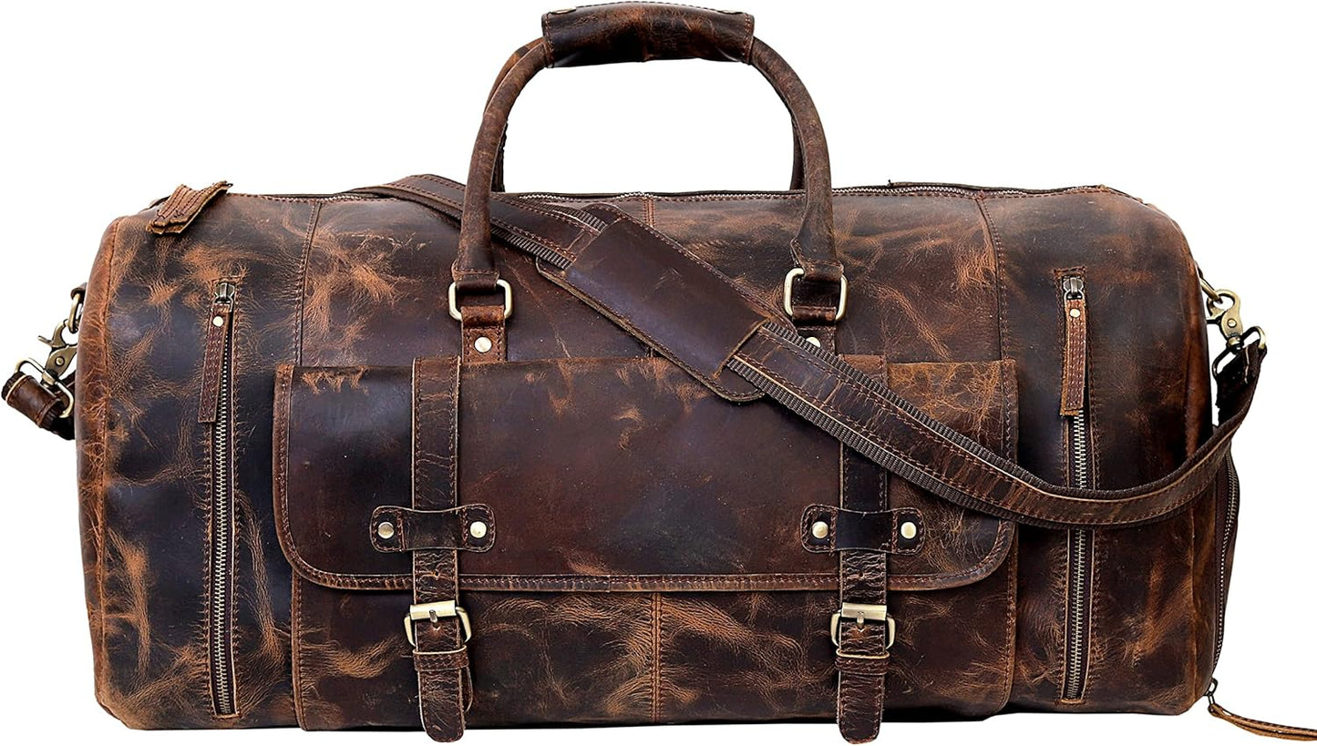 Genuine buffalo Leather Travel Duffel Bag, Large Handcrafted Weekender, vintage Overnight Bag for Men with Shoe Compartment, Detachable Shoulder Strap & Internal Sections for Cards & Cell Phone